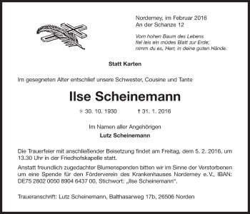 Traueranzeige von Ilse Scheinemann von Ostfriesischer Kurier GmbH