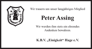 Traueranzeige von Peter Assing von Ostfriesischer Kurier GmbH