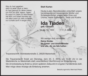 Traueranzeige von Ida Tjaden von Ostfriesischer Kurier GmbH