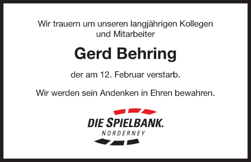 Traueranzeige für Gerd Behring vom 23.02.2016 aus Ostfriesischer Kurier GmbH