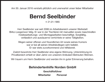 Traueranzeige von Bernd Seelbinder von Ostfriesischer Kurier GmbH