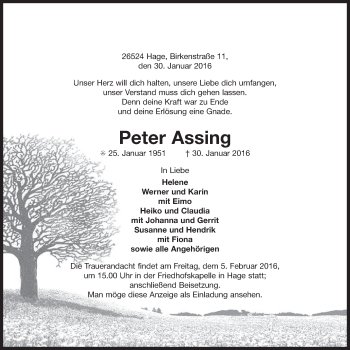 Traueranzeige von Peter Assing von Ostfriesischer Kurier GmbH