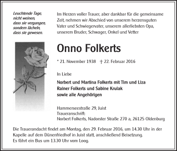Traueranzeige von Onno Folkerts von Ostfriesischer Kurier / Norderneyer Badezeitung