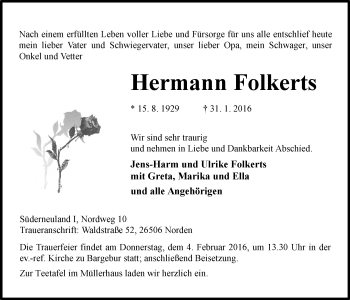 Traueranzeige von Hermann Folkerts von Ostfriesischer Kurier GmbH