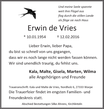 Traueranzeige von Erwin de Vries von Ostfriesischer Kurier GmbH