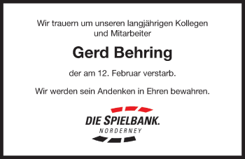 Traueranzeige von Gerd Behring von Ostfriesischer Kurier GmbH
