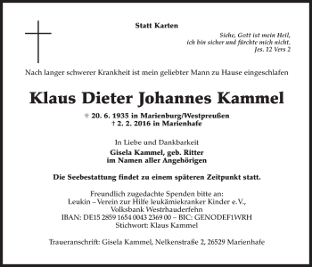 Traueranzeige von Klaus Dieter Johannes Kammel von Ostfriesischer Kurier GmbH