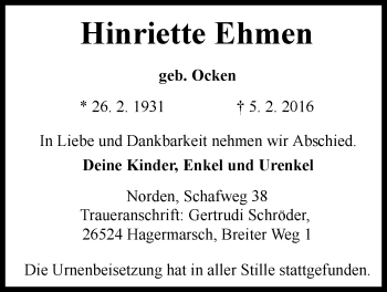 Traueranzeige von Hinriette Ehmen von Ostfriesischer Kurier GmbH
