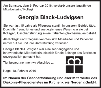 Traueranzeige von Georgia Black-Ludvigsen von Ostfriesischer Kurier GmbH