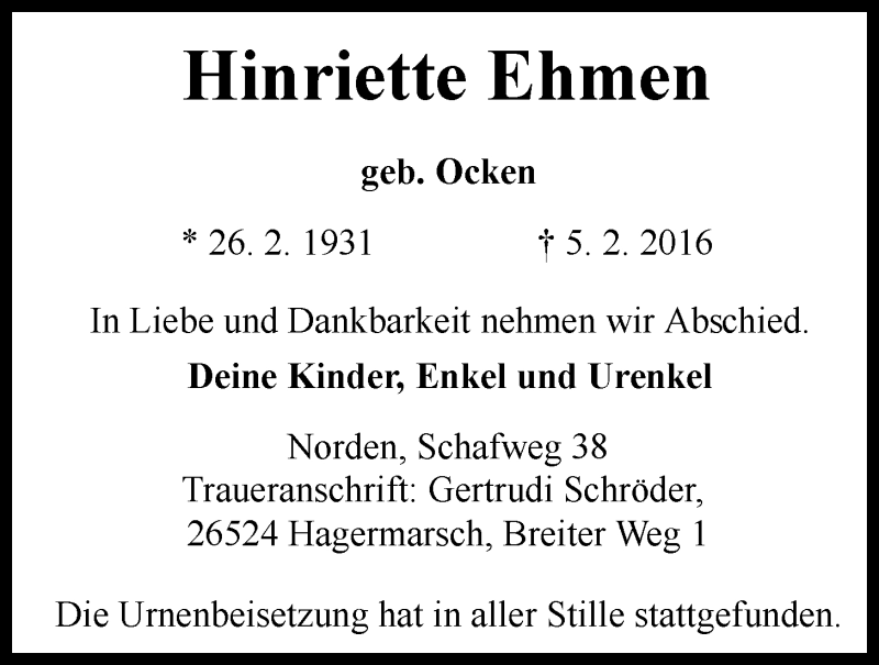  Traueranzeige für Hinriette Ehmen vom 27.02.2016 aus Ostfriesischer Kurier GmbH