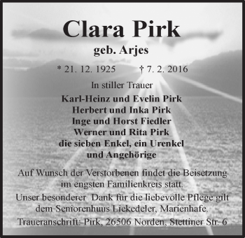 Traueranzeige von Clara Pirk von Ostfriesischer Kurier GmbH
