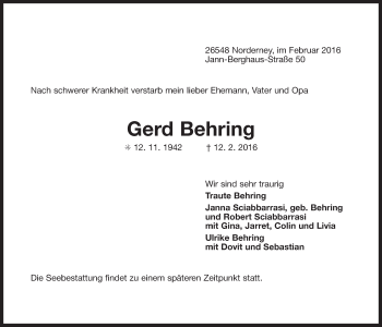 Traueranzeige von Gerd Behring von Ostfriesischer Kurier GmbH