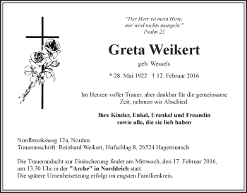 Traueranzeige von Greta Weikert von Ostfriesischer Kurier GmbH