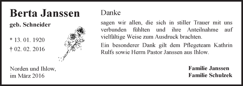  Traueranzeige für Berta Janssen vom 05.03.2016 aus Ostfriesischer Kurier GmbH
