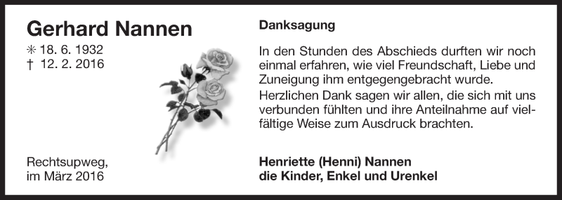  Traueranzeige für Gerhard Nannen vom 19.03.2016 aus Ostfriesischer Kurier GmbH