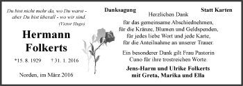 Traueranzeige von Hermann Folkerts von Ostfriesischer Kurier GmbH