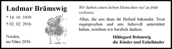 Traueranzeige von Ludmar Brämswig von Ostfriesischer Kurier GmbH