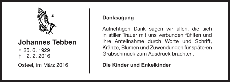  Traueranzeige für Johannes Tebben vom 19.03.2016 aus Ostfriesischer Kurier GmbH