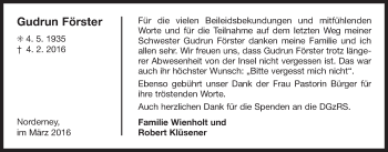 Traueranzeige von Gudrun Förster von Ostfriesischer Kurier GmbH