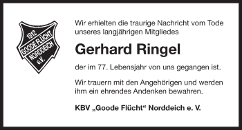 Traueranzeige von Gerhard Ringel von Ostfriesischer Kurier GmbH