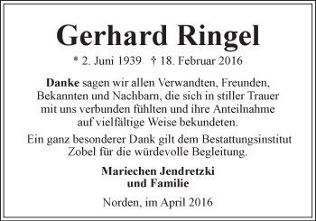 Traueranzeige von Gerhard Ringel von Ostfriesischer Kurier GmbH