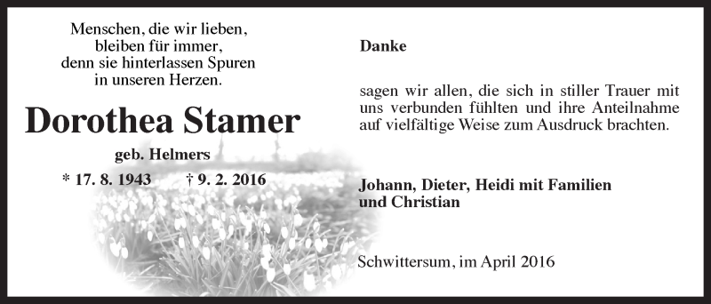  Traueranzeige für Dorothea Stamer vom 09.04.2016 aus Ostfriesischer Kurier GmbH