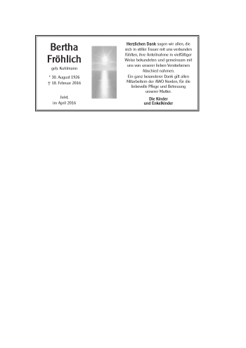 Traueranzeige von Bertha Fröhlich von Ostfriesischer Kurier GmbH