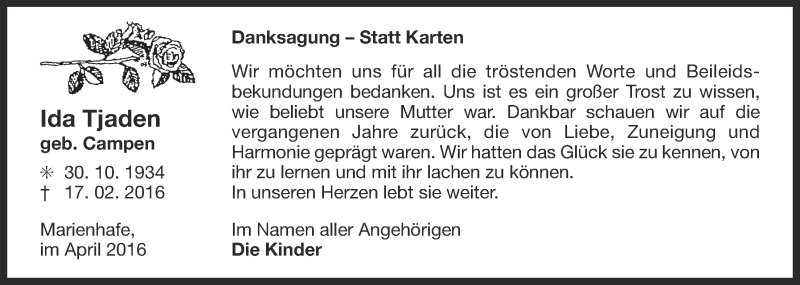  Traueranzeige für Ida Tjaden vom 02.04.2016 aus Ostfriesischer Kurier GmbH