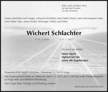 Traueranzeige von Wichert Schlachter von Ostfriesischer Kurier GmbH