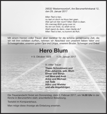 Traueranzeige von Hero Blum von Ostfriesischer Kurier GmbH