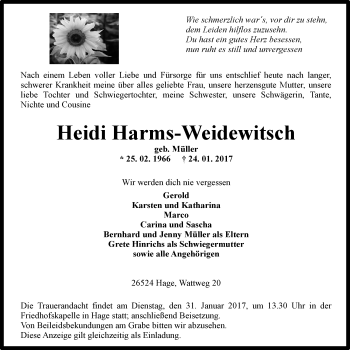 Traueranzeige von Heidi Harms-Weidewitsch von Ostfriesischer Kurier GmbH