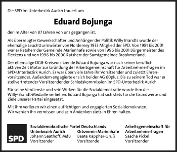 Traueranzeige von Eduard Bojunga von Ostfriesischer Kurier GmbH