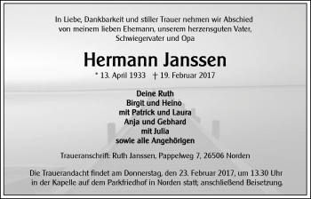 Traueranzeige von Hermann Janssen von Ostfriesischer Kurier GmbH