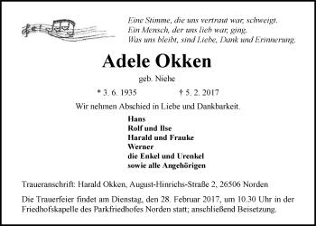 Traueranzeige von Adele Okken von Ostfriesischer Kurier GmbH