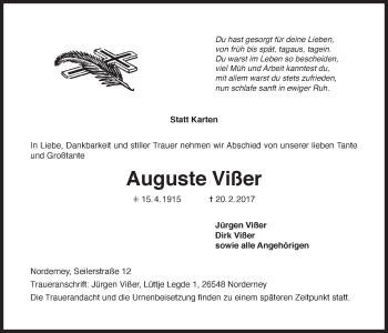 Traueranzeige von Auguste Vißer von Ostfriesischer Kurier GmbH