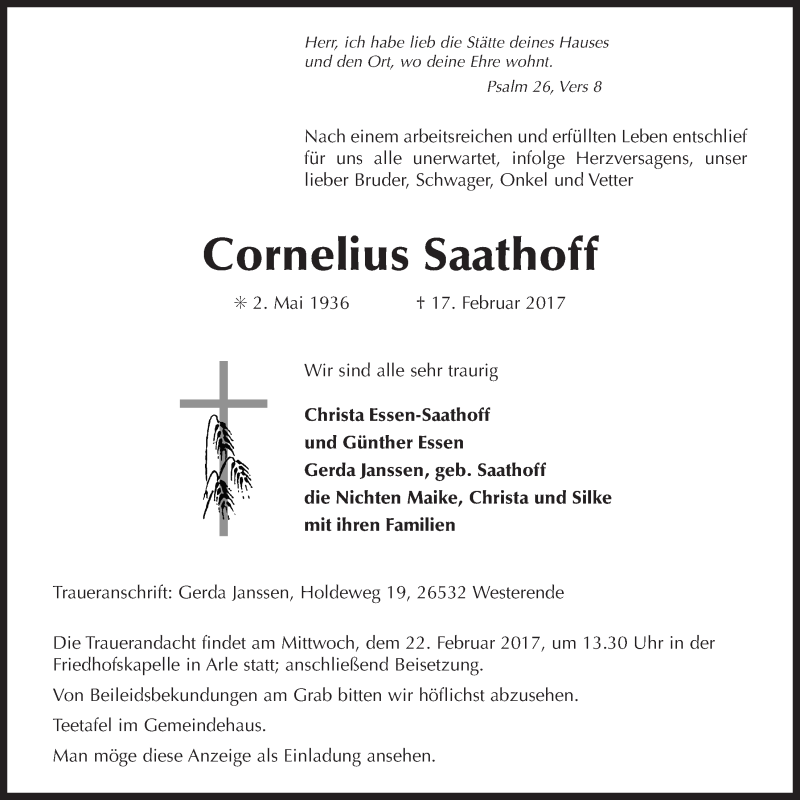  Traueranzeige für Cornelius Saathoff vom 20.02.2017 aus Ostfriesischer Kurier GmbH