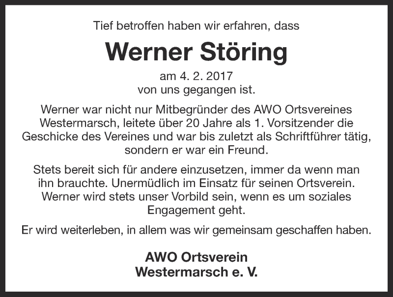  Traueranzeige für Werner Störing vom 08.02.2017 aus Ostfriesischer Kurier GmbH