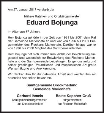 Traueranzeige von Eduard Bojunga von Ostfriesischer Kurier GmbH