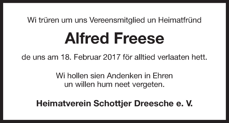 Traueranzeige für Alfred Freese vom 23.02.2017 aus Ostfriesischer Kurier GmbH