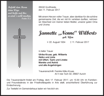 Traueranzeige von Jannette Wilberts von Ostfriesischer Kurier GmbH