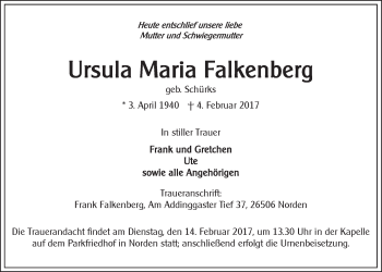 Traueranzeige von Ursula Maria Falkenberg von Ostfriesischer Kurier GmbH