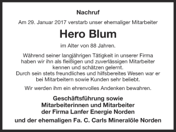 Traueranzeige von Hero Blum von Ostfriesischer Kurier GmbH