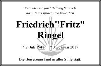 Traueranzeige von Friedrich Ringel von Ostfriesischer Kurier GmbH