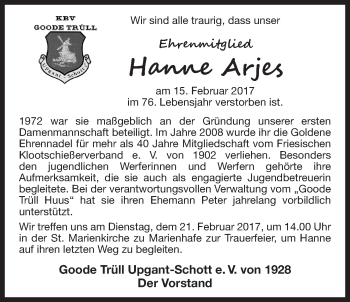 Traueranzeige von Hanne Arjes von Ostfriesischer Kurier GmbH