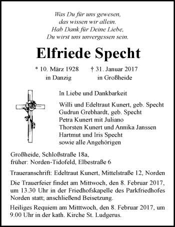 Traueranzeige von Elfriede Specht von Ostfriesischer Kurier GmbH