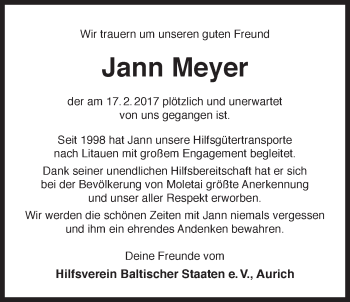 Traueranzeige von Jann Meyer von Ostfriesischer Kurier GmbH