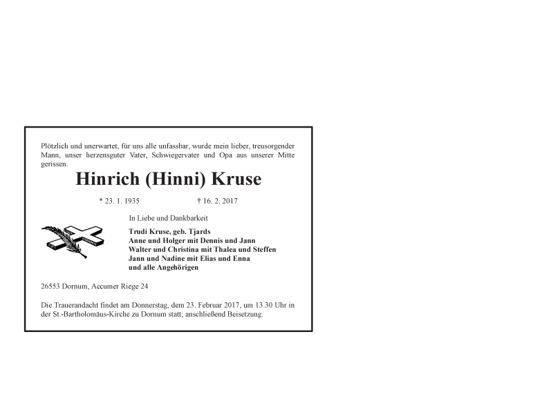  Traueranzeige für Hinrich Kruse vom 18.02.2017 aus Ostfriesischer Kurier GmbH