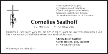 Traueranzeige von Cornelius Saathoff von Ostfriesischer Kurier GmbH