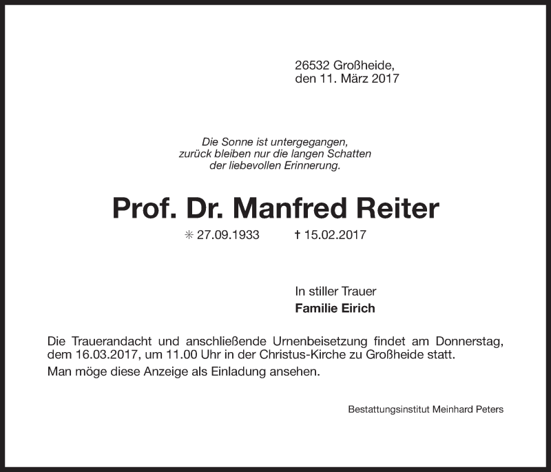 Traueranzeige für Manfred Reiter vom 11.03.2017 aus Ostfriesischer Kurier GmbH