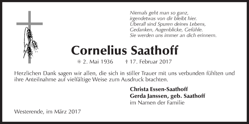  Traueranzeige für Cornelius Saathoff vom 25.03.2017 aus Ostfriesischer Kurier GmbH